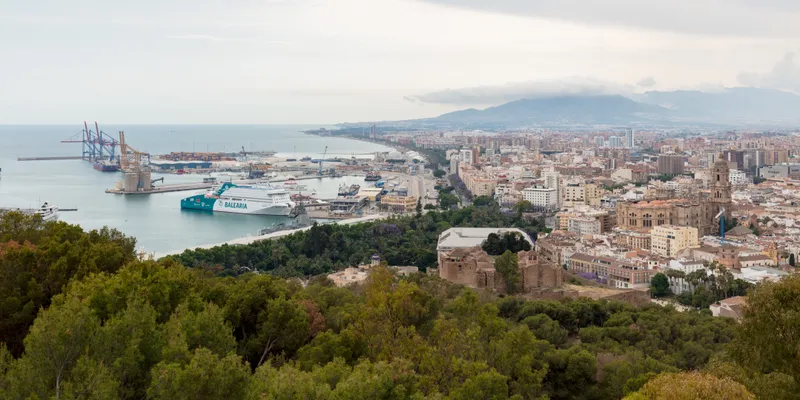 The port and city of Málaga seen from Gibralfaro, among pine trees, with the coast in the distance.